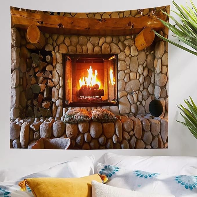 Firplace Tapestry Art Retro Stove Print Tapestry Art Wall Hanging Tapestry Room Bedspread Decor Christmas Fireplace (Firplace, 70.00" x 90.00")