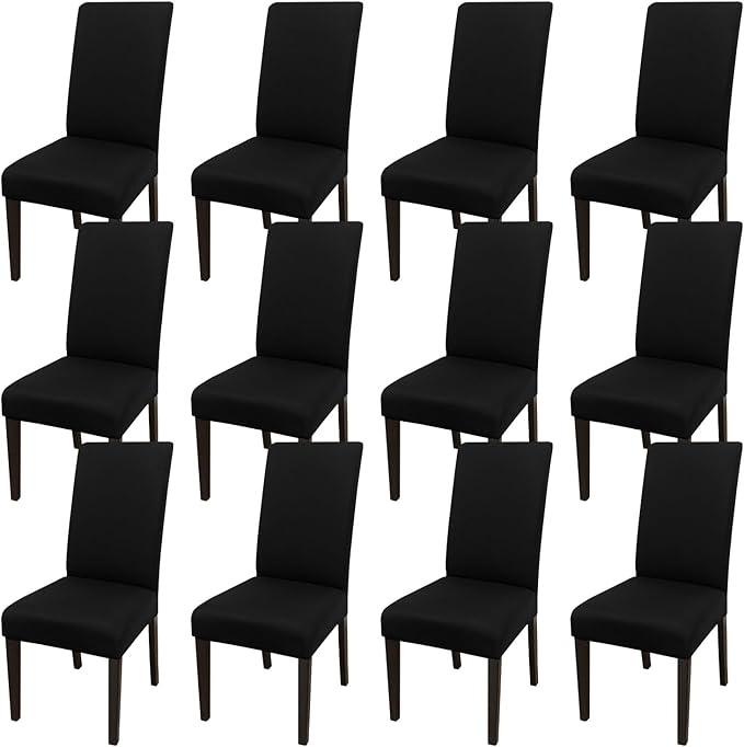 JQinHome Dining Room Chair Covers Set of 12, High Stretch Chair Slipcover Removable Washable Chair Seat Protector Cover for Home Party Hotel Wedding Ceremony (Black)