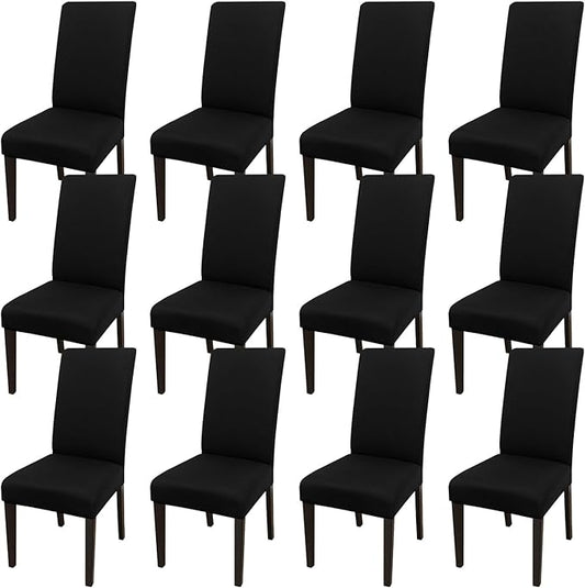 JQinHome Dining Room Chair Covers Set of 12, High Stretch Chair Slipcover Removable Washable Chair Seat Protector Cover for Home Party Hotel Wedding Ceremony (Black)