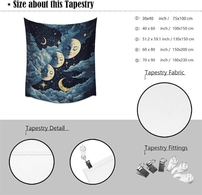 Blue Moon Faces Tapestry Celestial Wall Art Dark Academia Aesthetic Print Stars Clouds Tapestries Wall Hanging whimsical Gothic Home Decor for Bedroom Living Room 50x60inch