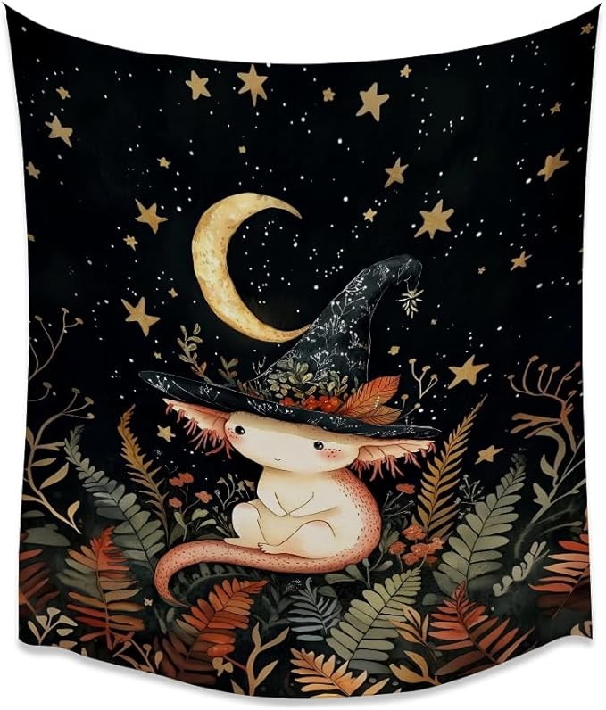 Whimsical Witch Tapestry Wall Hanging Decor Cute Axolotl Tapestry Magical Moon Animal Nursery Decoration Halloween Tapestries wall art for Home Kids Bedroom Living Room 40x60inch