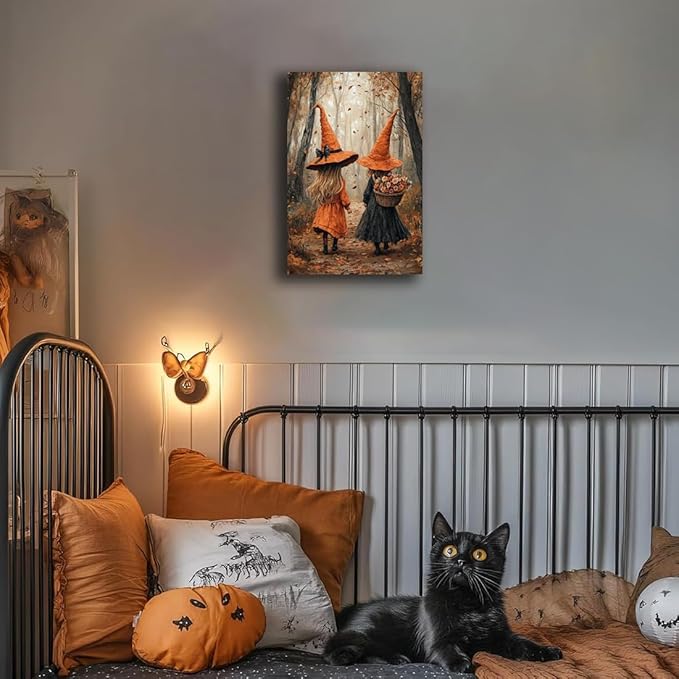 Fall Wall Art Witch Picture Decor,Little Girl Witch Halloween Wall Art, Vintage Autumn Whimsical Woodland Forest Picture, Family Room Nursery Playroom Children Room Decoration,8"x12" Framed