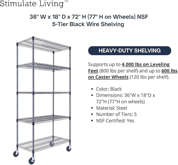 36"x18"x72" Prime Heavy Duty Black 5-Tier Wire Shelving NSF 4000 LBS MAX Capacity Storage Rack for Commercial, Hospital, School, Garage, and Kitchen Uses (with Wheels)