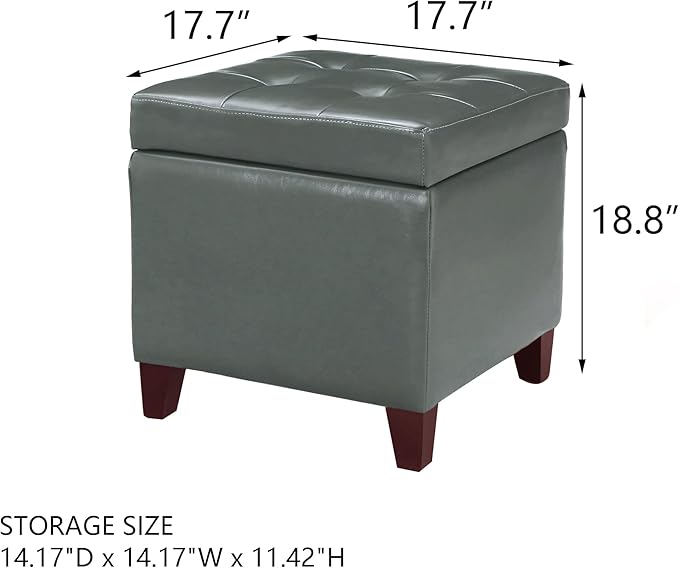 Adeco Bonded Leather Square Tufted Cubic Cube Storage Footstool, 18" Inch Ottomans & Storage Ottomans, With Lid, Dim Gray