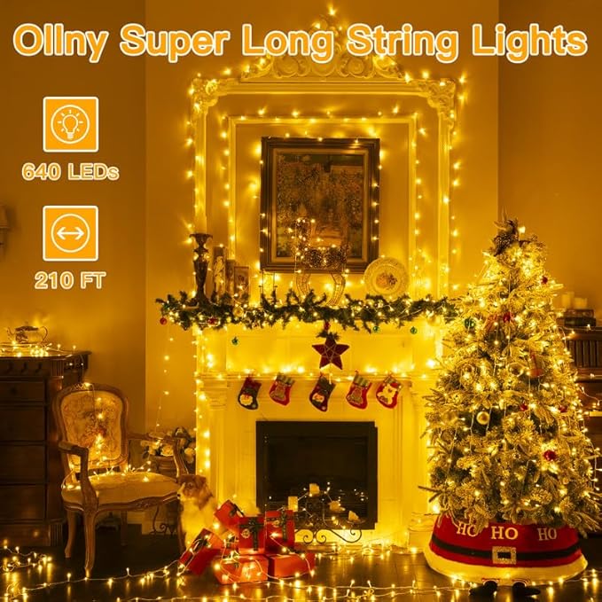 Ollny Christmas Lights, 210FT 640LED Christmas Tree Lights with 11 Modes Remote Control IP44 Waterproof, Warm White to Multicolored Outdoor Christmas Lights for Outside Indoor Patio Xmas Decorations