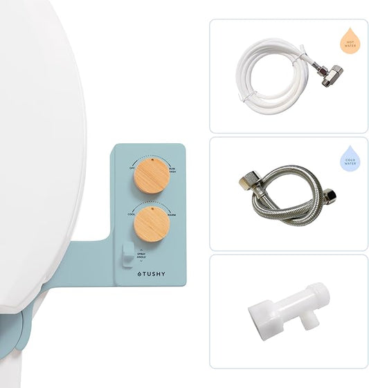 TUSHY Spa Warm Water Bidet Attachment for Toilet. Universal Fit, Easy Install (Requires Sink Access for Optional Temperature Control) Self Cleaning, Adjustable Pressure, Angle Control, Blue/Bamboo
