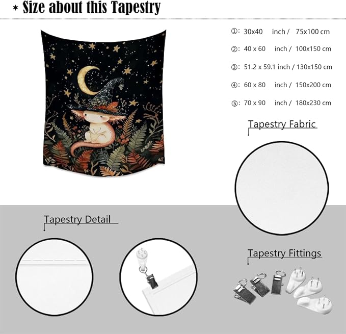 Whimsical Witch Tapestry Wall Hanging Decor Cute Axolotl Tapestry Magical Moon Animal Nursery Decoration Halloween Tapestries wall art for Home Kids Bedroom Living Room 70x90inch