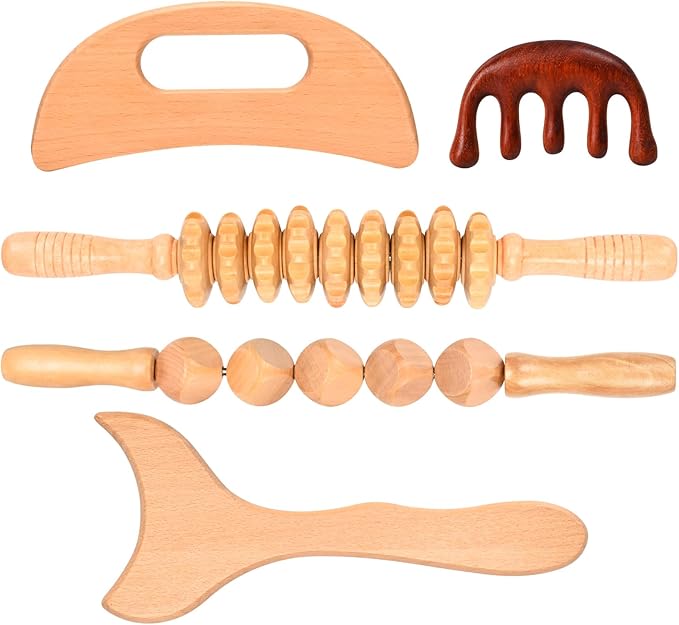 5 in 1 Wood Therapy Massage Tools Lymphatic Drainage Massager Maderoterapia Kit Wooden Massager Body Sculpting Tools for Muscle Pain Relief, Anti-Cellulite, Body Contouring and Shaping
