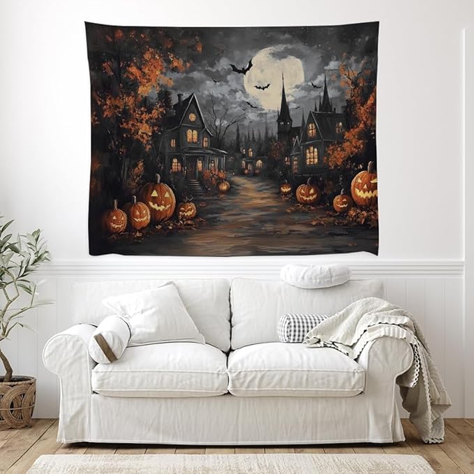 Spooky Halloween Tapestry Haunted Home Bats Pumpkin Tapestry Wall Hanging Dark Academia Fall Full Moon Decor Gothic Ghost Tapestries for bedroom Living Room Decoration 30x40inch