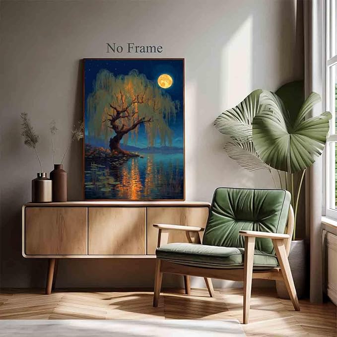 Vlolvfe Night Scenery Wall Art Country Nature Full Moon Poster Abstract Scenery Wall Art Nature Themed Tree Pictures Night Sky Picture Landscape Pictures Living Room Decor 16x24inch No Frame