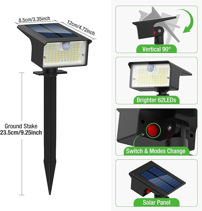 Nipify Solar Spot Lights Outdoor Motion Sensor, [6 Pack/62 LED]3 Modes Solar Landscape Spotlights Outdoor Waterproof, 2-in-1 Solar Lights Outdoor Wall Lights for Yard Garden Patio Pathway, Cool White