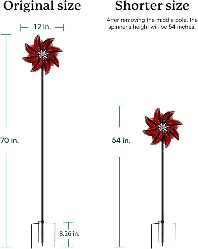 Wind Spinners Outdoor - Red Metal Windmill with Stake for Yard and Garden, Kinetic Wind Sculptures & Spinners, Gift Decor Ideas for Garden Lovers (12" W x 70" H)
