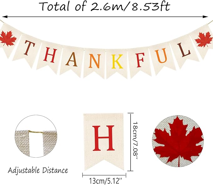 Doumeny Thankful Burlap Banner Fall Thanksgiving Banner Garland Autumn Maple Leaves Bunting Garland Thanksgiving Party Hanging Flag Harvest Bunting Flag for Home Wall Mantel Fireplace Farmhouse Decor