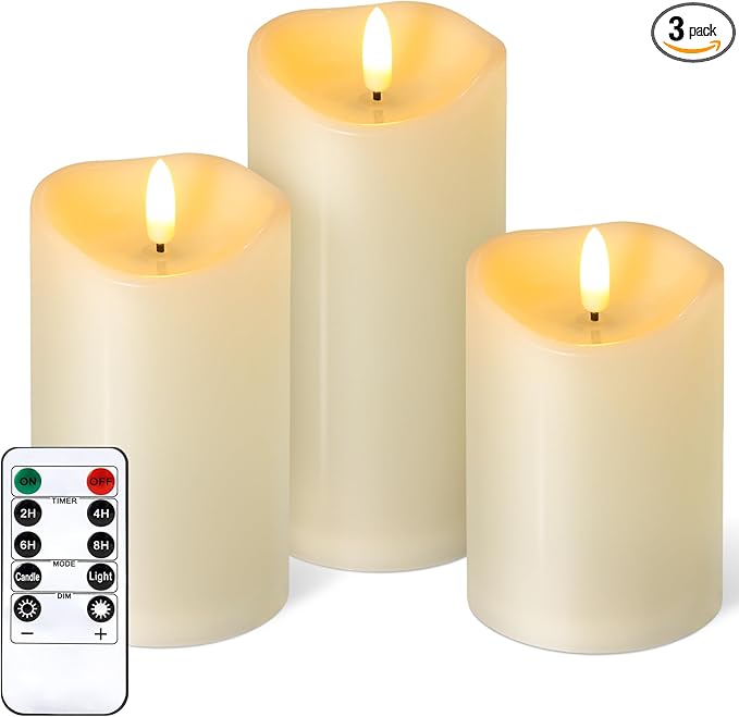 NURADA Outdoor Flameless Candles with Remote Timer - Waterproof Realistic Flickering LED Pillar Electric Battery Operated Fake Candle for Holiday Home Wedding Fireplace Decor - 3 Pack Ivory