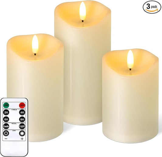 NURADA Outdoor Flameless Candles with Remote Timer - Waterproof Realistic Flickering LED Pillar Electric Battery Operated Fake Candle for Holiday Home Wedding Fireplace Decor - 3 Pack Ivory