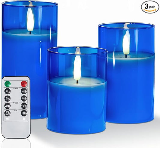 Amagic Blue Glass Flameless Candles with Remote, Battery Operated Candles, Real Wax LED Candles with Timer, Flickering Fake Pillar Candle for Theme Party, Hanukkah Holiday Decor, 3D Wick, Set of 3