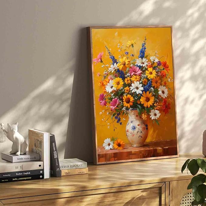 Flowers In Vase Wall Art Colorful Flowers Picture White Daisy Picture Farmhouse Floral Picture Still Life Painting Rustic Floral Painting Vintage Botanical Living Room Decor 16x24inch No Frame
