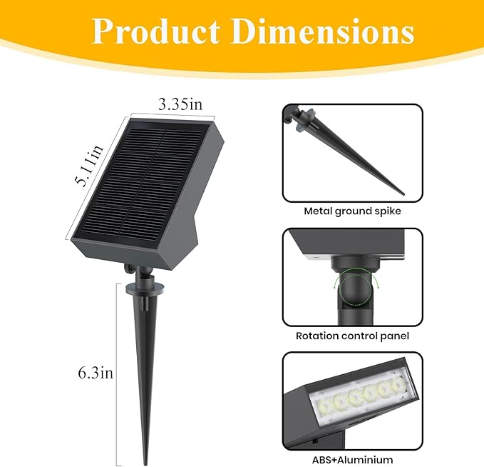 Solar Landscape Lights Outdoor, 3000K Dimmable Solar Pathway Lights, 500LM Solars Spot Light IP65 Waterproof for Walkway Lawn Yard, 2pcs