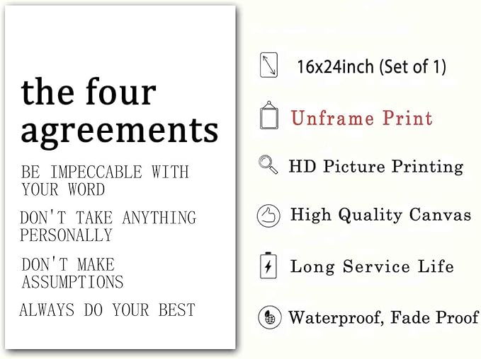The Four Agreements Poster Inspirational Wall Art Black And White Quote Posters Positive Inspirational Wall Art Vintage Poster Motivational Painting Modern Canvas Minimalist Decor 16x24inch No Frame