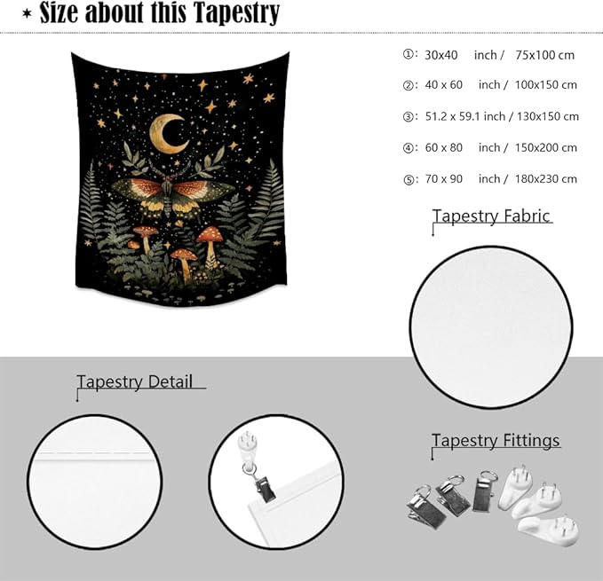 Mystical Moth Mushroom Tapestry Dark Academia Aesthetic Wall Hanging Decor Moon Star Witchy Print Butterfly Enchanted Forest Tapestries for Home Bedroom Living Room Office Decor 40x60inch