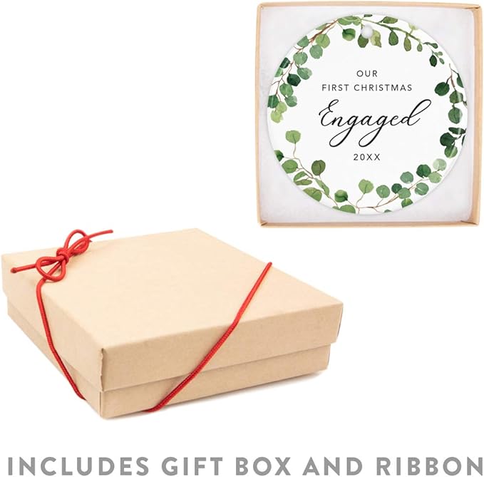 Andaz Press Custom Year Round Ceramic Porcelain Christmas Tree Ornament Keepsake Collectible Gift, Our First Christmas Engaged 2025, Farmhouse Eucalyptus Wreath, 1-PackCouple