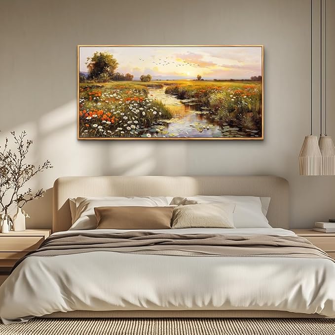PHAOHUAXM Large Wall Art For Living Room Canvas Wall Decor For Bedroom Watercolour Painting Office Decoration Countryside Sunrise Scenery Wall Picture Ready To Hang Home Decor Wood Framed 20x40 In