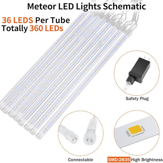 4 Pack Meteor Shower Rain Lights - 20in, 40 Tube, 1440 LEDs Icicle Lights for Xmas, Halloween, Wedding, Party, Tree, Holiday Decoration, Warm White