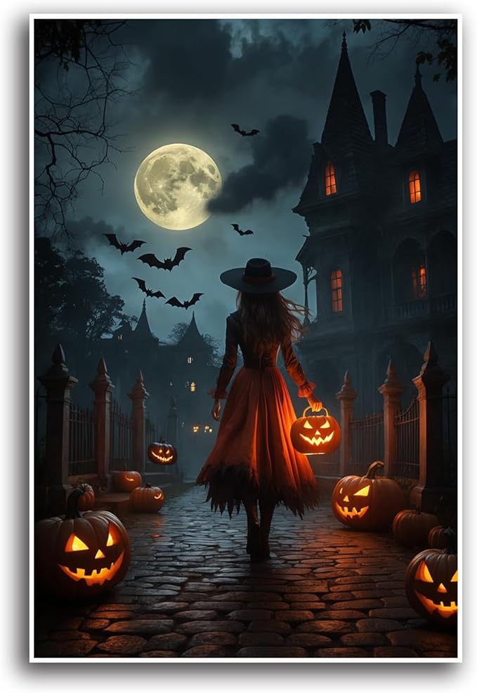 JFHCQJPK Halloween theme poster moonlit autumn night witch vintage poster art print dark college style gothic painting canvas wall decoration bedroom living room ideal gift8x12in Frameless