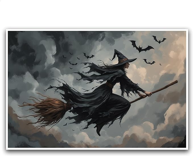 Witch and bat flying Halloween poster suitable for home party wall decoration retro Halloween preppy style wall art canvas print suitable for room decoration24x36in Wood Framed