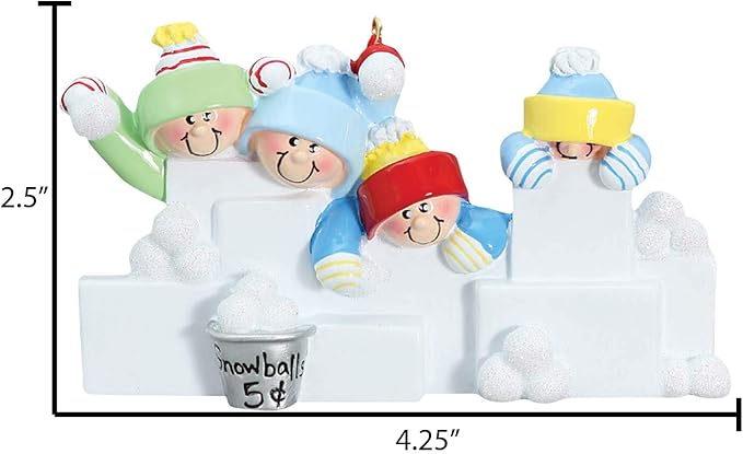 3D Snowball Fight Family of 4 Ornament 2025 Personalized Family Christmas Ornaments 2025 | Snowman Winter Holiday Personalized Tree Ornaments for Grandchildren, Siblings & Grandkids of Four Ornament