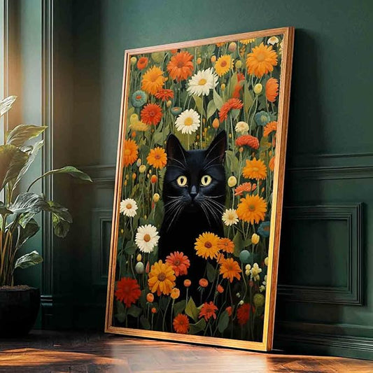 Vlolvfe Black Cat Wall Art Colorful Flower Pictures Funny Cat Painting Green Plant Pictures Colorful Wildflowers Wall Art Cute Animals Floral Picture Aesthetic Living Room Decor 16x24inch No Frame