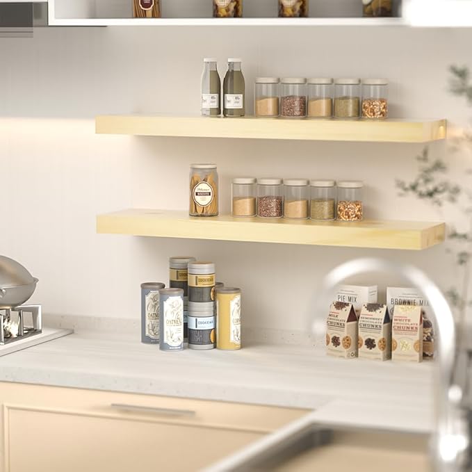 Habudda Floating Shelves for Wall, Solid Pine Wood Shelf for Bathroom Bedroom Kitchen, Rustic Room Decor, Wall Mounted, 30 Inches Long, Set of 2, Natural