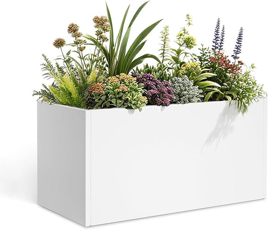 Galvanized Steel Garden Planter - White Matt Galvanized Metal Planter Box - Modern Metallic Heavy Planter - Indoor & Outdoor, Commercial & Residential (White, L36 x W12 x D16)