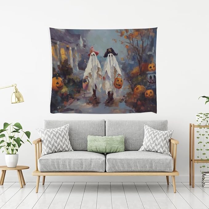 Funny Halloween Ghost Tapestry Wall Hanging Cute Kids Nursery Room Decor Trick or Treat Art Print Goth Fall Pumpkin Ghost Tapestries for Living Room Bedroom wall Decor 40x60inch