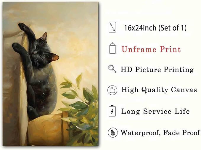 Black Cat Poster Lovely Cat Sleeping Picture Retro Plant Wall Art Still Life Painting Vintage Vase Canvas Animal Artwork Plant Living Room Decor 16x24inch No Frame