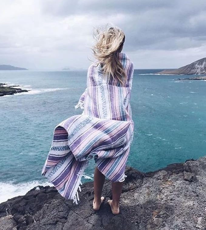 Del Mex Classic Mexican Blanket, Large Authentic Woven Falsa Throw (70"x50"), Artisan Southwest Décor for Beach, Yoga, Outdoors (Lavender/Pink)