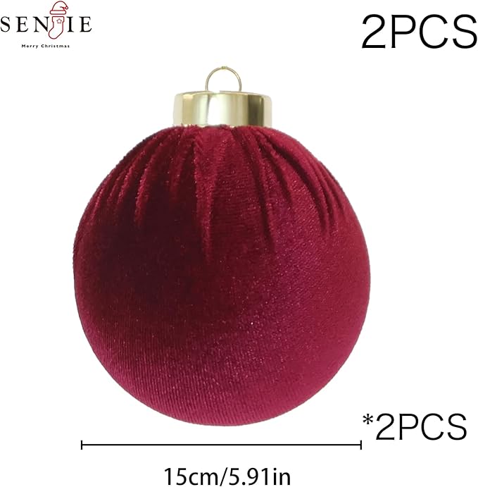 6inch Big Burgundy Velvet Christmas Ornaments, 2pcs Flocked Ornaments Balls Sets for Christmas Tree Decorations