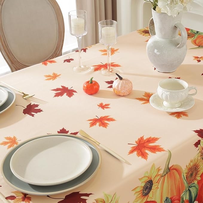 SASTYBALE Fall Tablecloths for Rectangle Tables 52 x 70 Inch Pumpkin Table Cloths with Sunflower & Maple Leaves Washable Spillproof Durable Polyester Table Cover for Thanksgiving, Harvest, Holiday