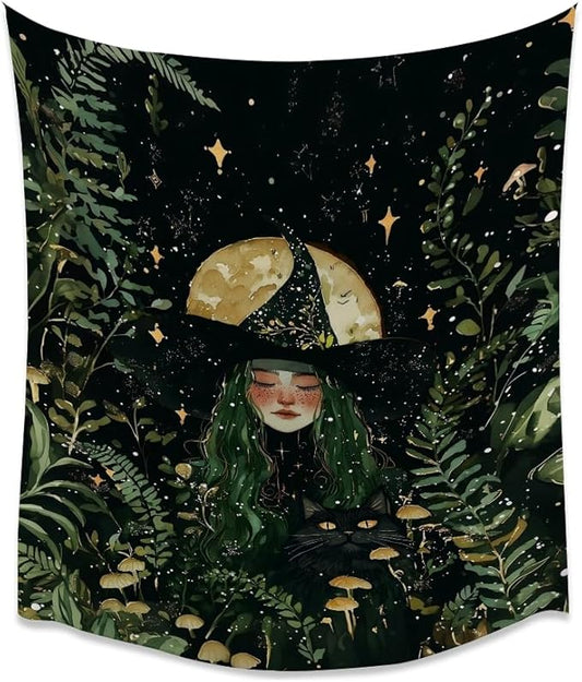 Moon Witch Tapestry Wall Hanging Mystical Botanical Green Print Dark Forest Witchy Decor Gothic Magical Black Cat and Moon Tapestries for Bedroom Living Room Dorm Decoration Aesthetic 40x60inch