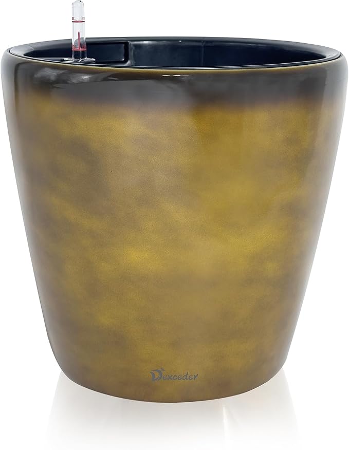 Dexceder 13x12 Self Watering Planter with Wheels Indoor Outdoor, Inner Pot Design, Thickened Large Floor Standing Flower Plant Pot with Water Level Indicator (Yellow Brown Gradient)