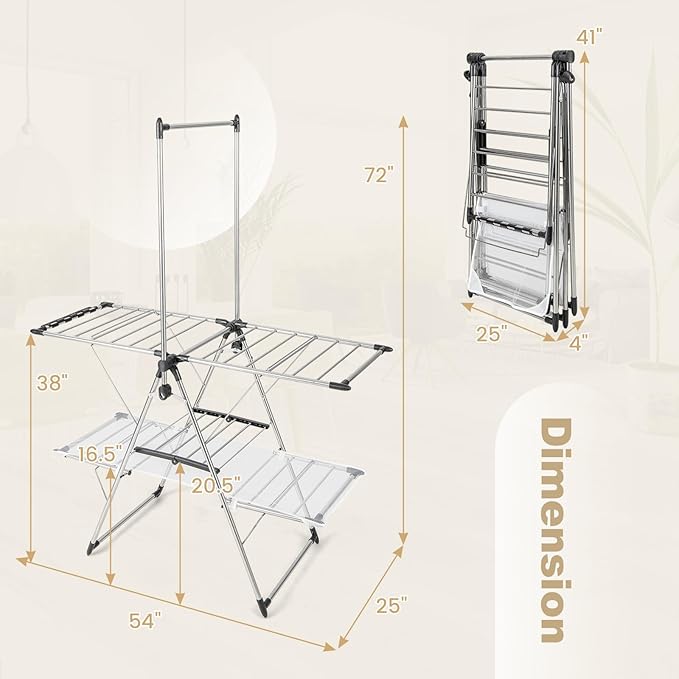 Tangkula Foldable Clothes Drying Rack, 2-Tier Laundry Drying Rack w/Tall Hanging Bar, Height Adjustable Gullwing, Freestanding Garment Stand for Indoor Outdoor Use