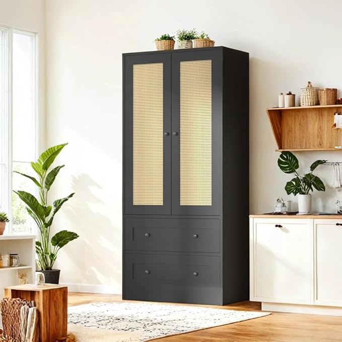 64.2" Tall Rattan Black Kitchen Pantry, Storage Cabinet with Doors and Drawers, Freestanding Wooden Organizer for Kitchen, Dining Room