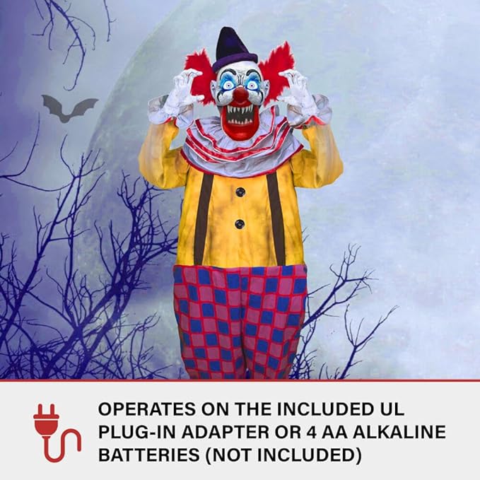 Haunted Hill Farm Motion-Activated Startling Arms Clown by Tekky, Talking Scare Prop Halloween Animatronic for Indoor or Covered Outdoor Creepy Halloween Decorations, Plug-in or Battery Operated