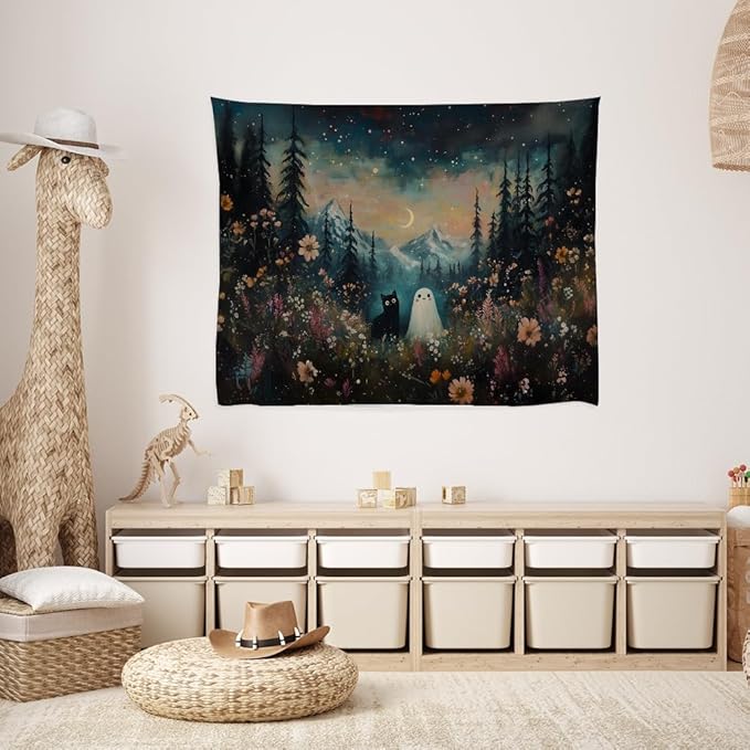 Whimsical Halloween Tapestry Wall Hanging Ghost and Black Cat in Magical Forest Wildflowers Meadow Tapestry Art Print Charming Spooky Fall Season Tapestries for Living Room Bedroom Decor 40x60inch