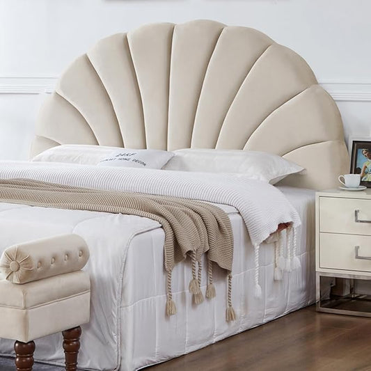 24KF Stunning Crown Design King Headboard, Upholstered Soft Velvet Petal Pattern Headboard King/CA King-Beige