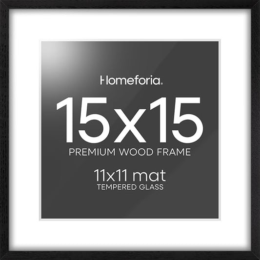 Homeforia 15x15 Black Wood Frame, High End Oak 15 x 15 Square Picture Frames with Mat 11 by 11 inches Photo, 15by15 Black Wooden Poster Frames Matted to 11x11 Print, Tempered Glass, Wall Kit, Set of 1
