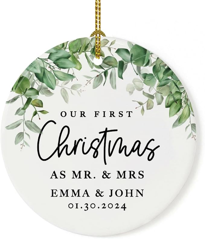 Andaz Press Personalized Our First Christmas As Mr. & Mrs. 2024 Christmas Ornaments Greenery 2.8" Round Porcelain Ceramic 1st Year Married Custom Ornament Keepsake for Newlyweds 1-Pack