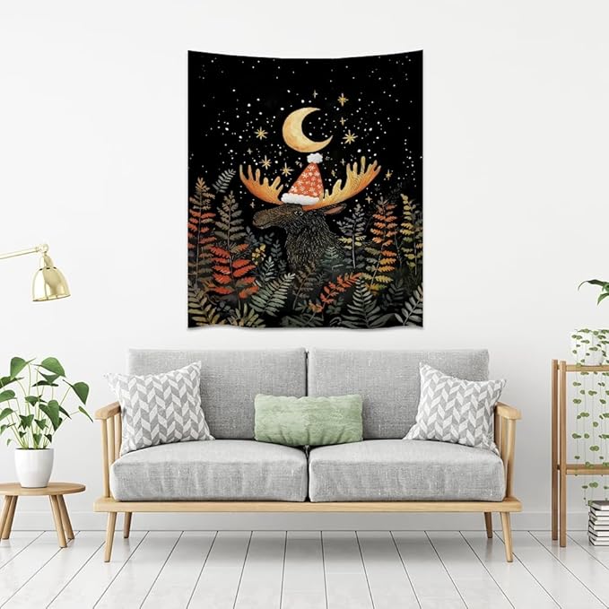Cute Moose Tapestry Winter Christmas Aesthetic Wall Hanging Decor Funny Animal Lover Gift Whimsical Christmas Tapestries for Nursery Kids Bedroom Home Living Room Decoration 70x90inch