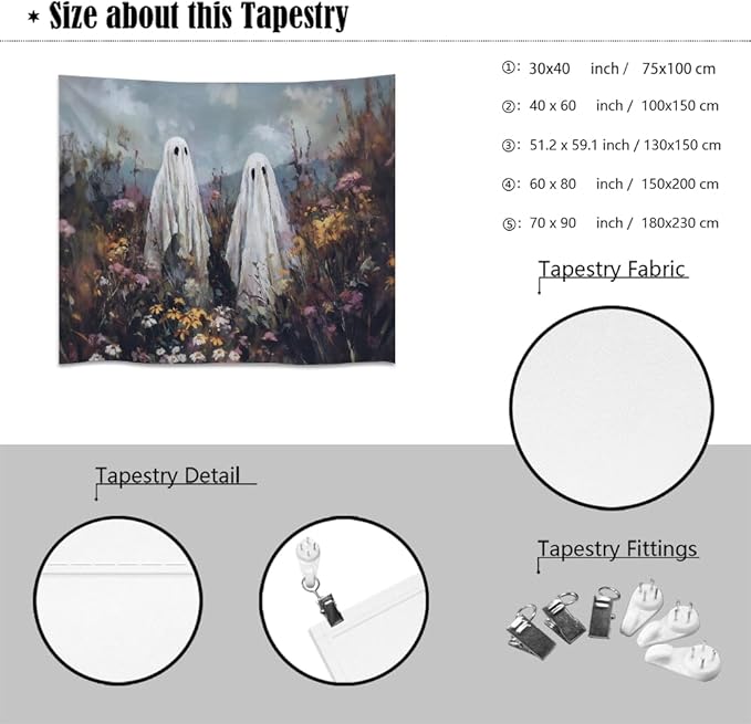 Halloween Ghosts in Wildflowers Tapestry Wall Hanging Spooky Cute Ghost Floral Tapestries Victoria Moody Artwork Aesthetic Print for Goth Living Room Bedroom wall Decor 30x40inch
