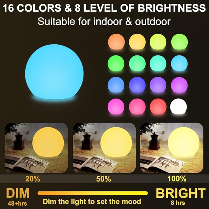 LED Globe Orb Light, 6-in LED Light Ball for Kid, 16 Dimmable Colors & 4 Modes Light Up Ball Mood Lamp w/Remote, Rechargeable Orb Night Lights Waterproof Outdoor Globe Lights for Home/Nursery/Party